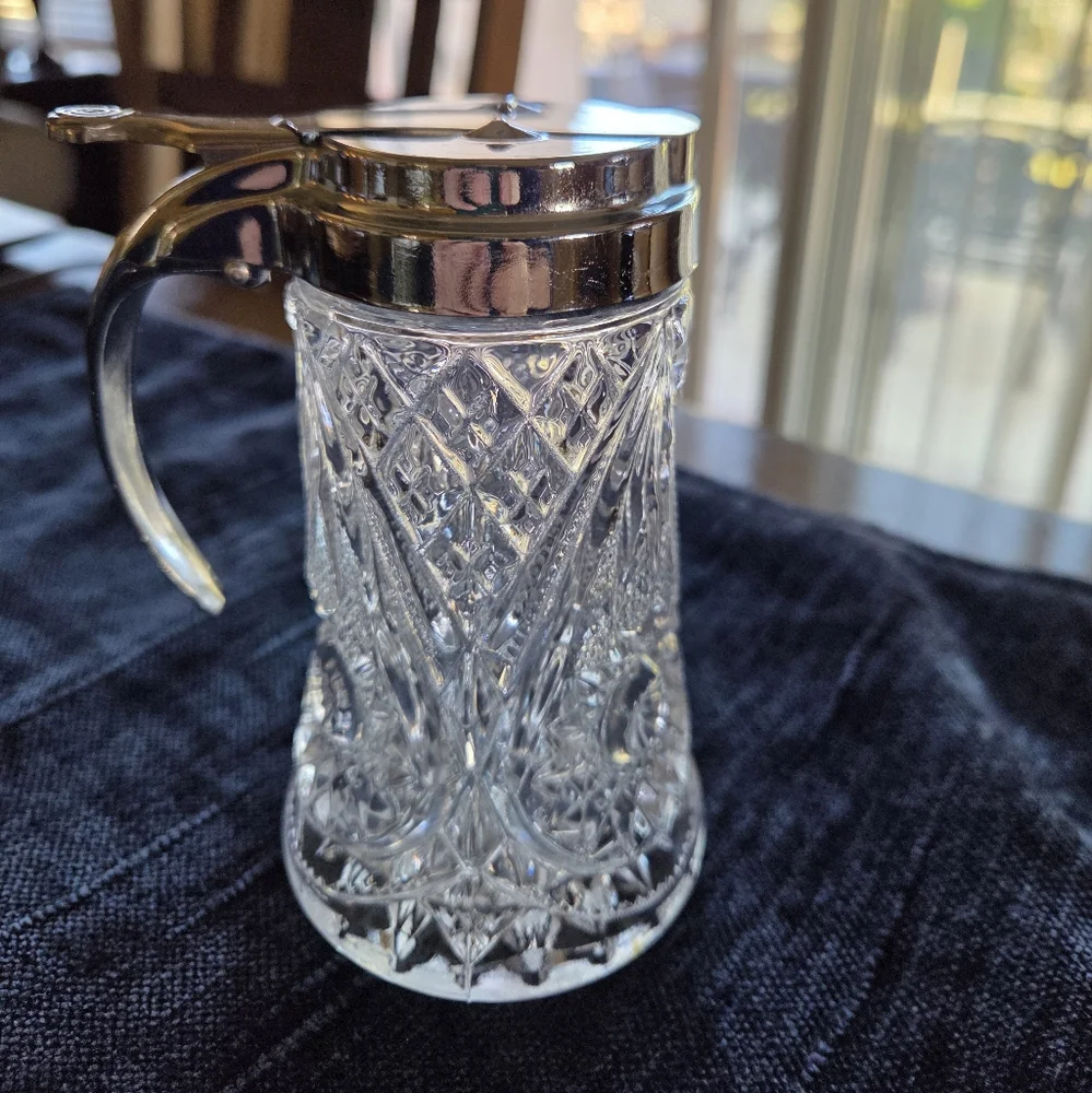 Vintage Imperial Glass Syrup Pitcher Hobstar Pattern With Metal Lid